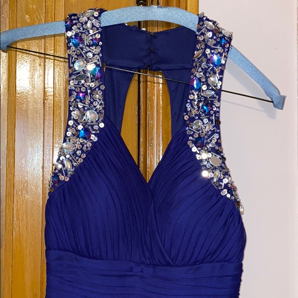 Blue long evening dress with sequin accents
